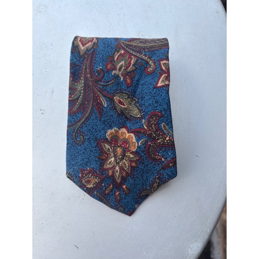 Barnegat Bay Mens Silk Paisley Floral Necktie‎ Blue Burgundy Gold Made in USA